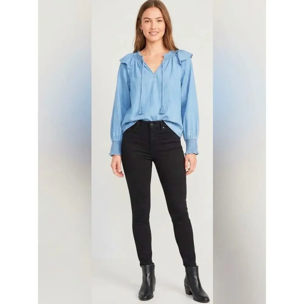 OLD NAVY Puff Sleeve Denim Poet Blouse Ruffle Trim Size L NWT!